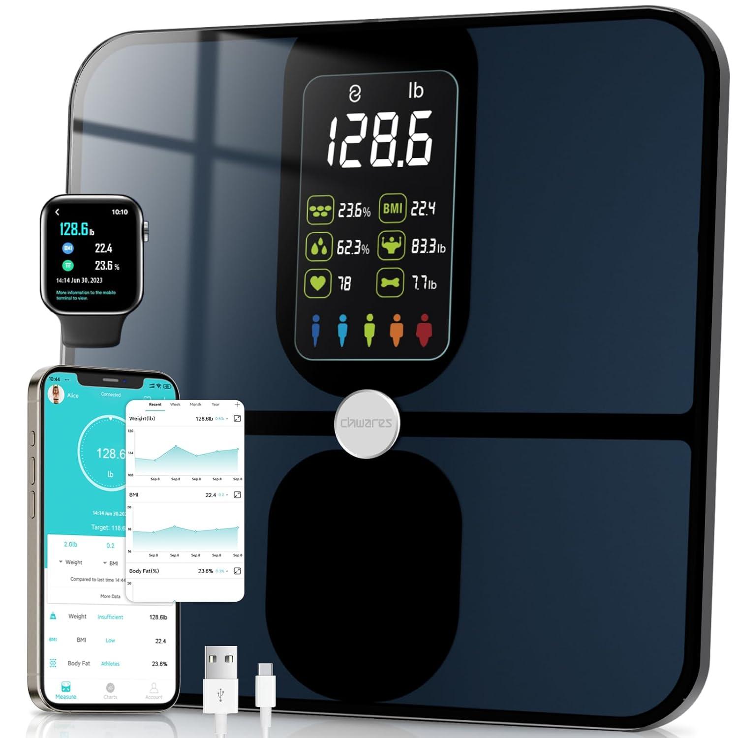 CHWARES Rechargeable Weight Scale , Scale for Body Weight with Large LCD Display, Smart Digital Scale with Body Fat 15 Metrics Body Composition Analyzer for BMI Heart Rate 400lbs, Black