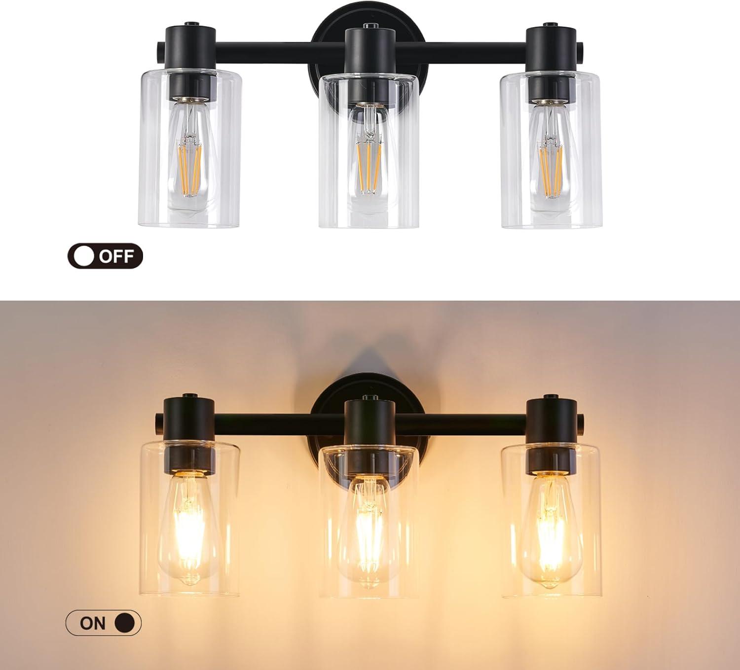 3-Light Bathroom Light Fixtures Bathroom Vanity Lights with Clear Glass Shades Matte Black Bathroom Light Fixtures over mirror for Mirror Living Room Cabinet Bedroom Porch