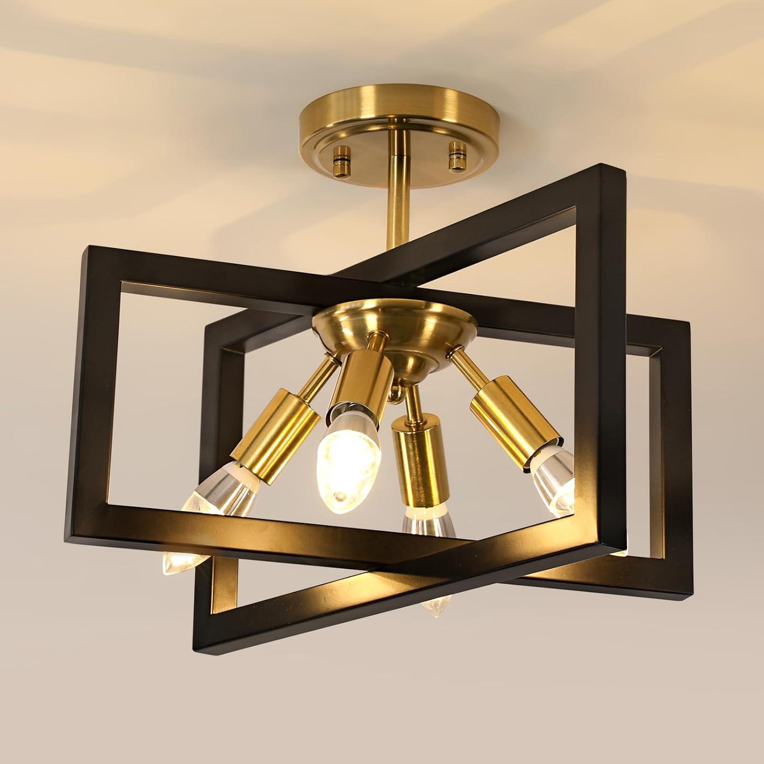 Modern Industrial Semi Flush Mount Ceiling Lighting, Farmhouse Black Gold Close to Ceiling Light Fixture, 4-Light Metal Square Ceiling Light