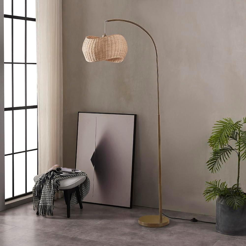 Brightech Wave Arched Floor Lamp – Unique Hanging Wicker Shade for Living Rooms – Rattan Style Matches Boho and Other Décor – Arcs Over Sofas and Dining Tables for Compliments - Brass