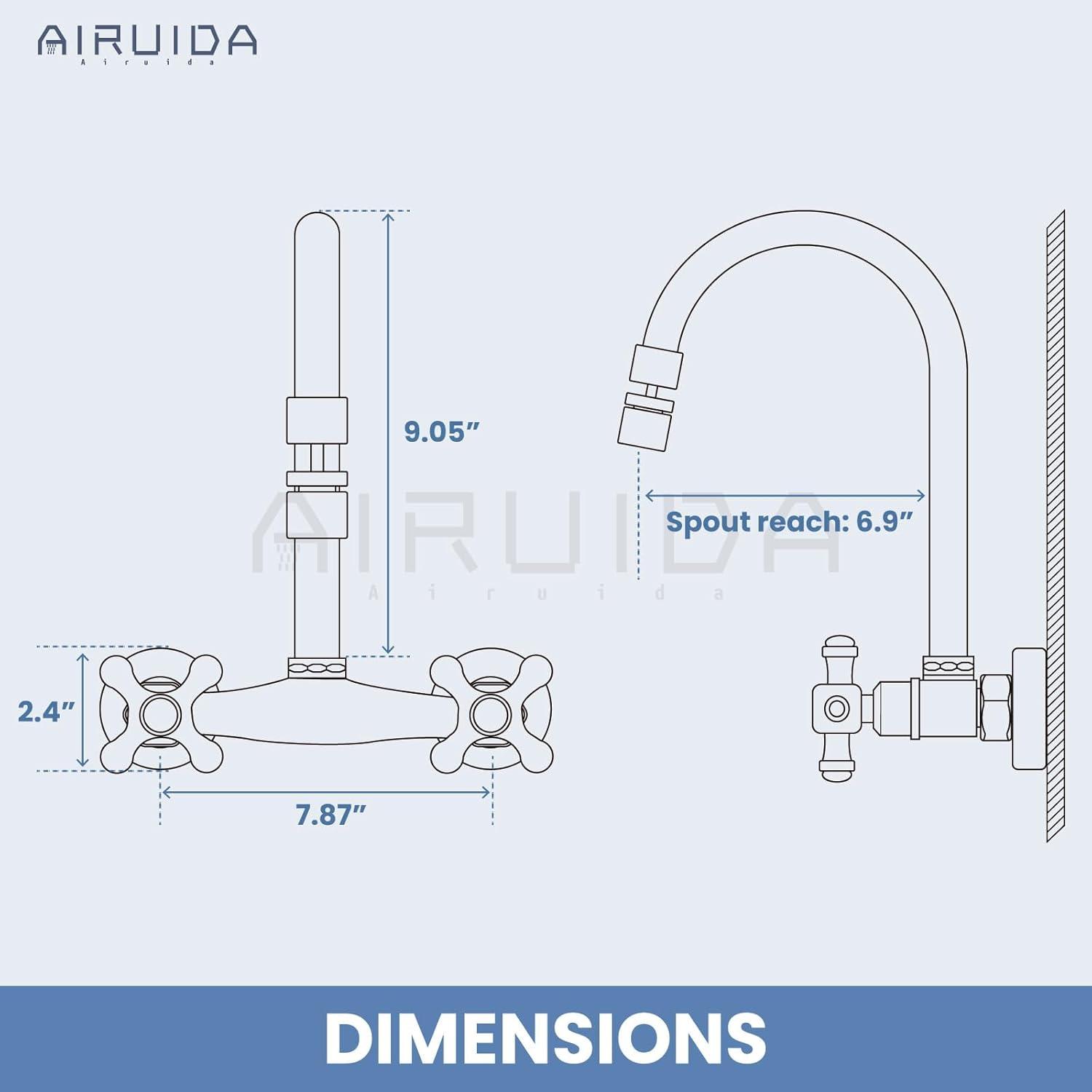 Airuida Wall Mount Kitchen Faucet with Sprayer Wall Mounted Kitchen Sink Faucet Double Cross Handles 360 Degree Swivel Spout Restaurant Mixer Tap Commercial 8 Inch Center Antique Brass