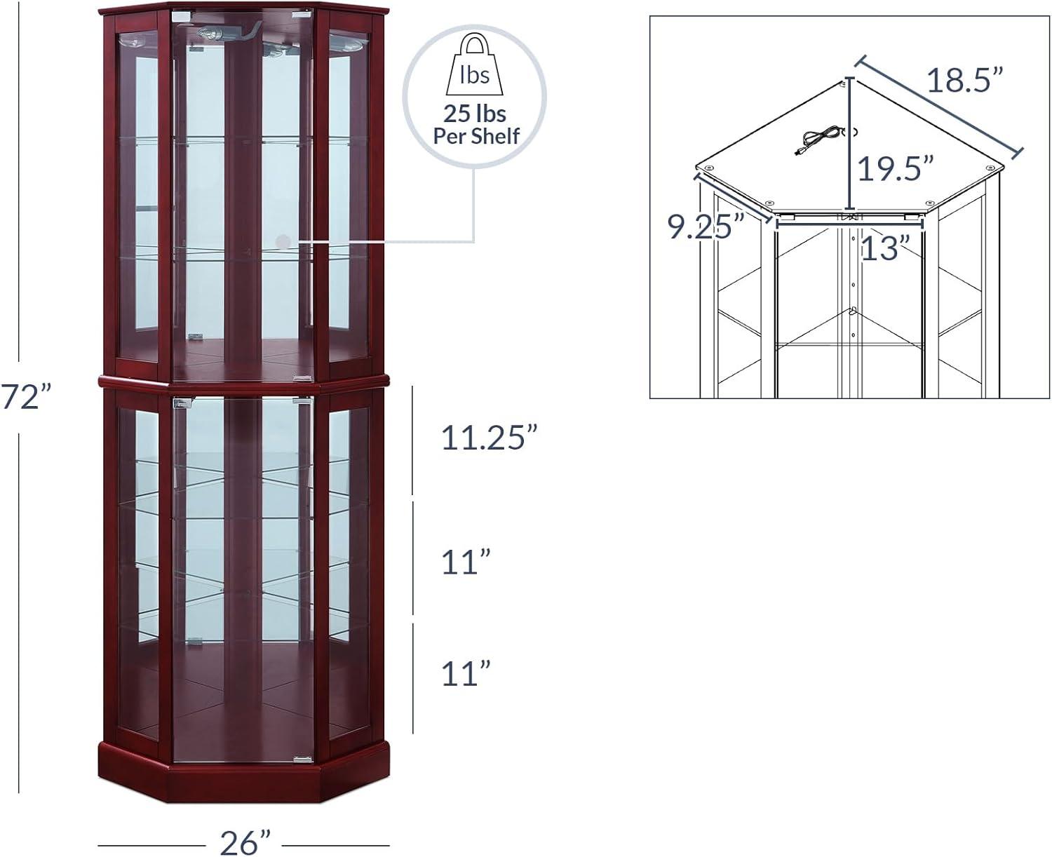 BELLEZE Ashfield Lighted Wood/Glass Curio Corner Cabinet Floor Standing, Cherry