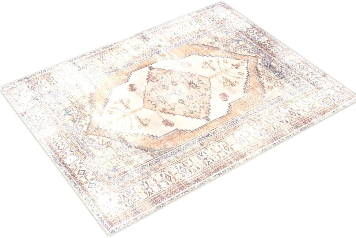 Hauteloom Arncliffe Boho Vintage Distressed Area Rug - Farmhouse Traditional Medallion Faded Carpet for Living Room, Bedroom - Machine Washable Rug - Tan, Peach, Blush - 5'3" x 7' (5x7) 3" (5x7)