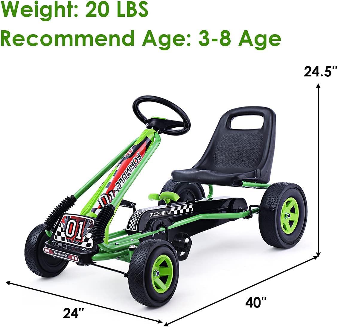 Green Steel and Plastic Pedal Powered Kids Go Kart with Adjustable Seat