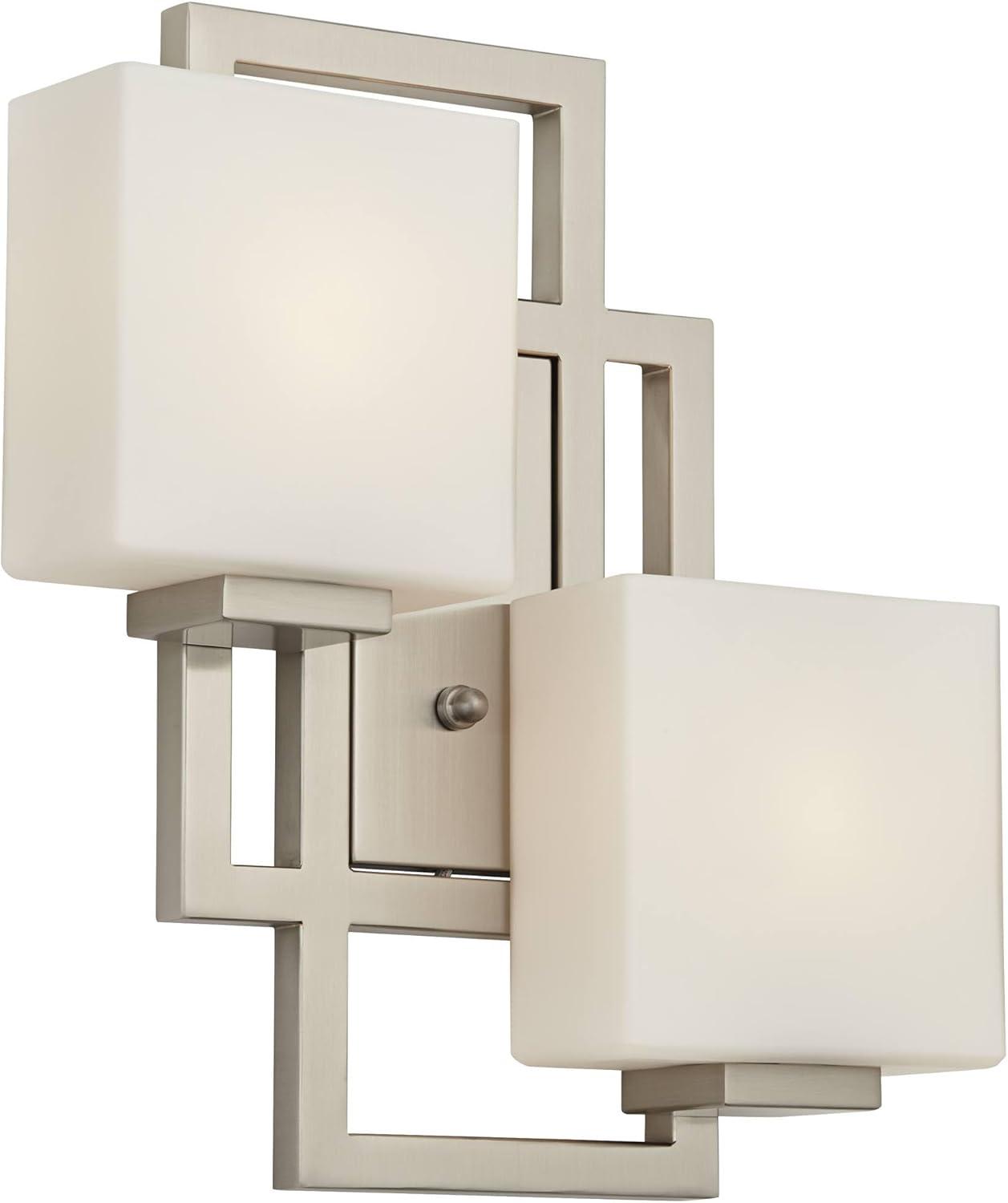 Possini Euro Design Modern Wall Light Sconce Brushed Nickel Hardwired 15 1/2" 2-Light Fixture Square Opal Glass Bedroom Bathroom