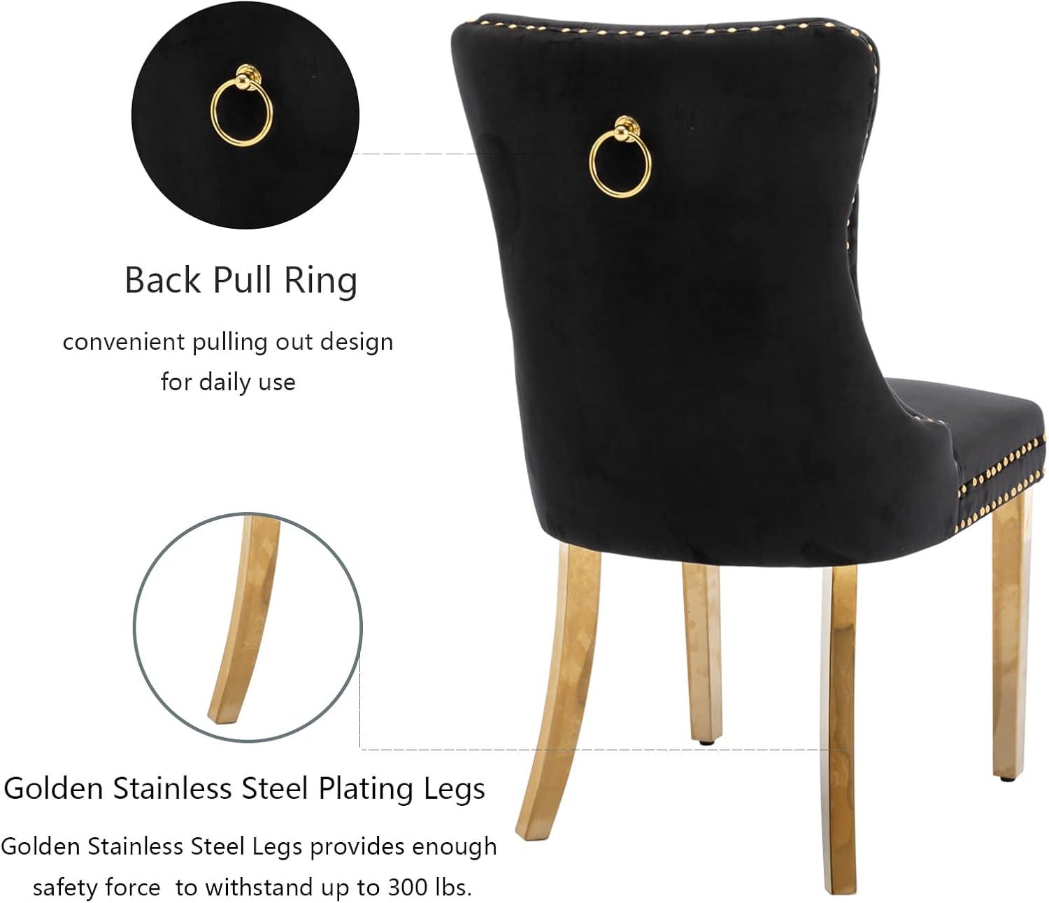 ODUSE-DAILY Black Velvet Dining Chairs Set of 4, Kitchen & Dining Room Chairs, Nailheads Tufted, Sillas De Comedor, Fabric Upholstered, Golden Metal Legs (Black, 4 Pcs)