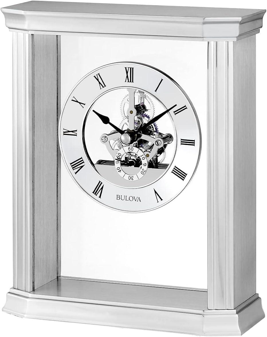 Bulova Roman Numeral Stainless Steel Quartz Movement / Crystal Tabletop Clock with Alarm in Silver