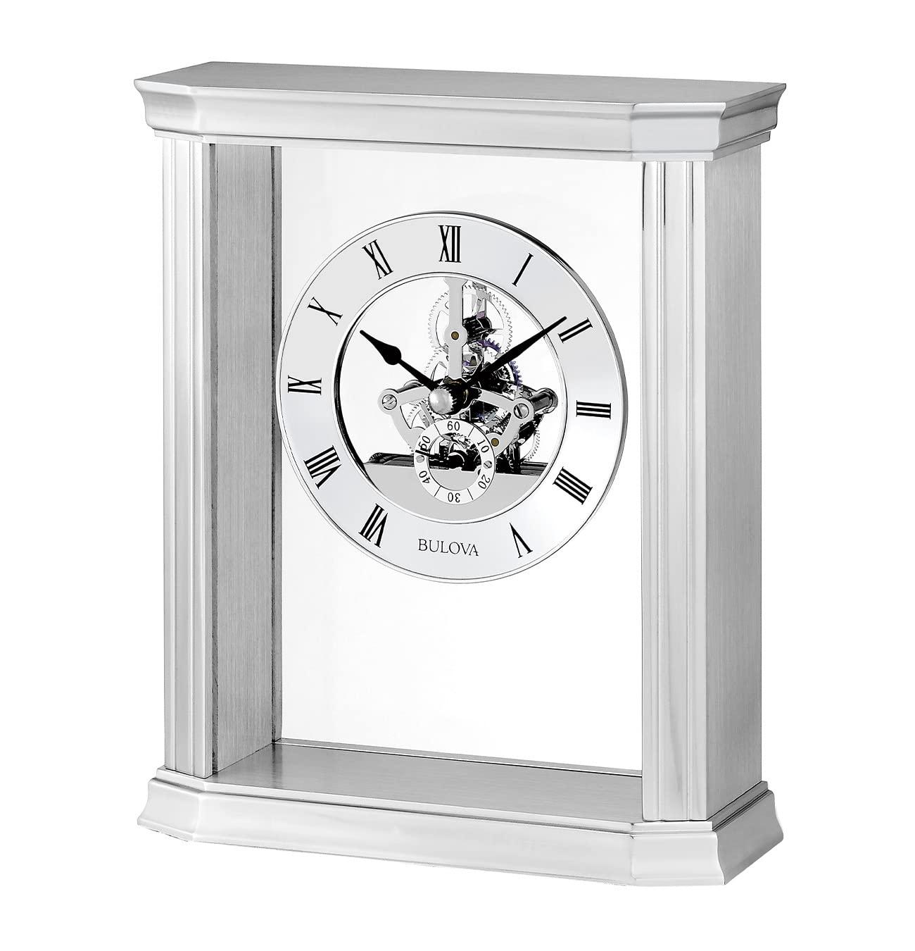 Bulova Roman Numeral Stainless Steel Quartz Movement / Crystal Tabletop Clock with Alarm in Silver