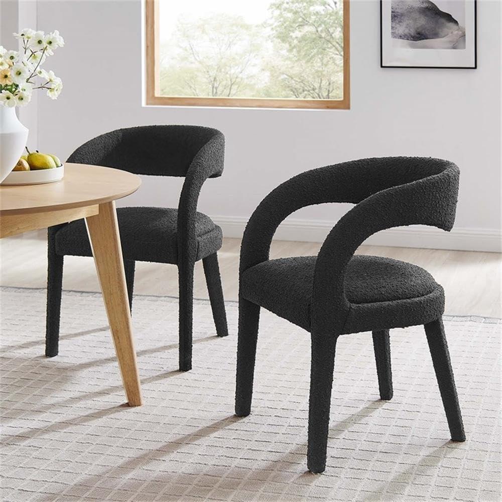 Black Boucle Upholstered Dining Chair Set with Curved Backrest