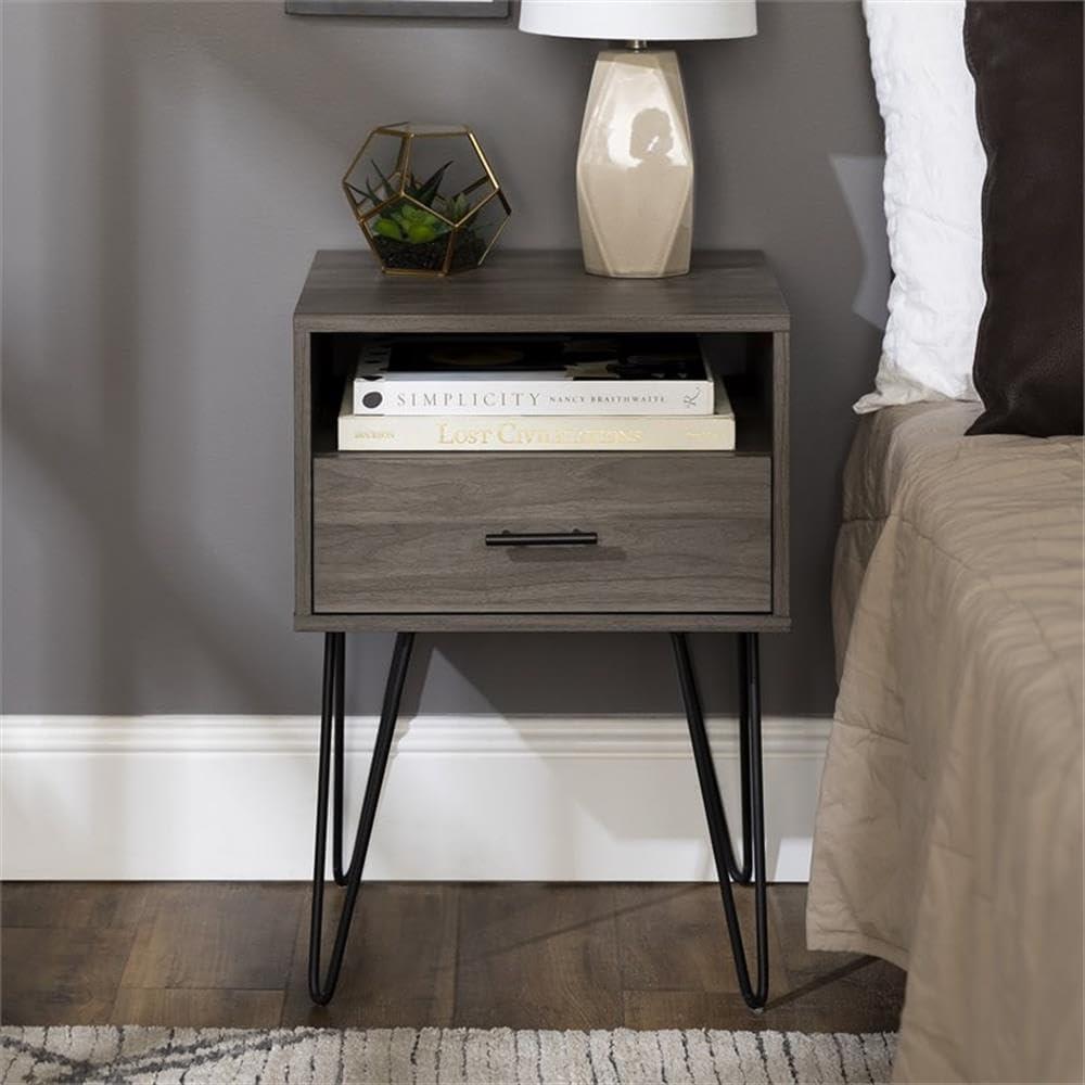 18" Modern Single Drawer Hairpin Leg Bedroom Nightstand in Slate Gray