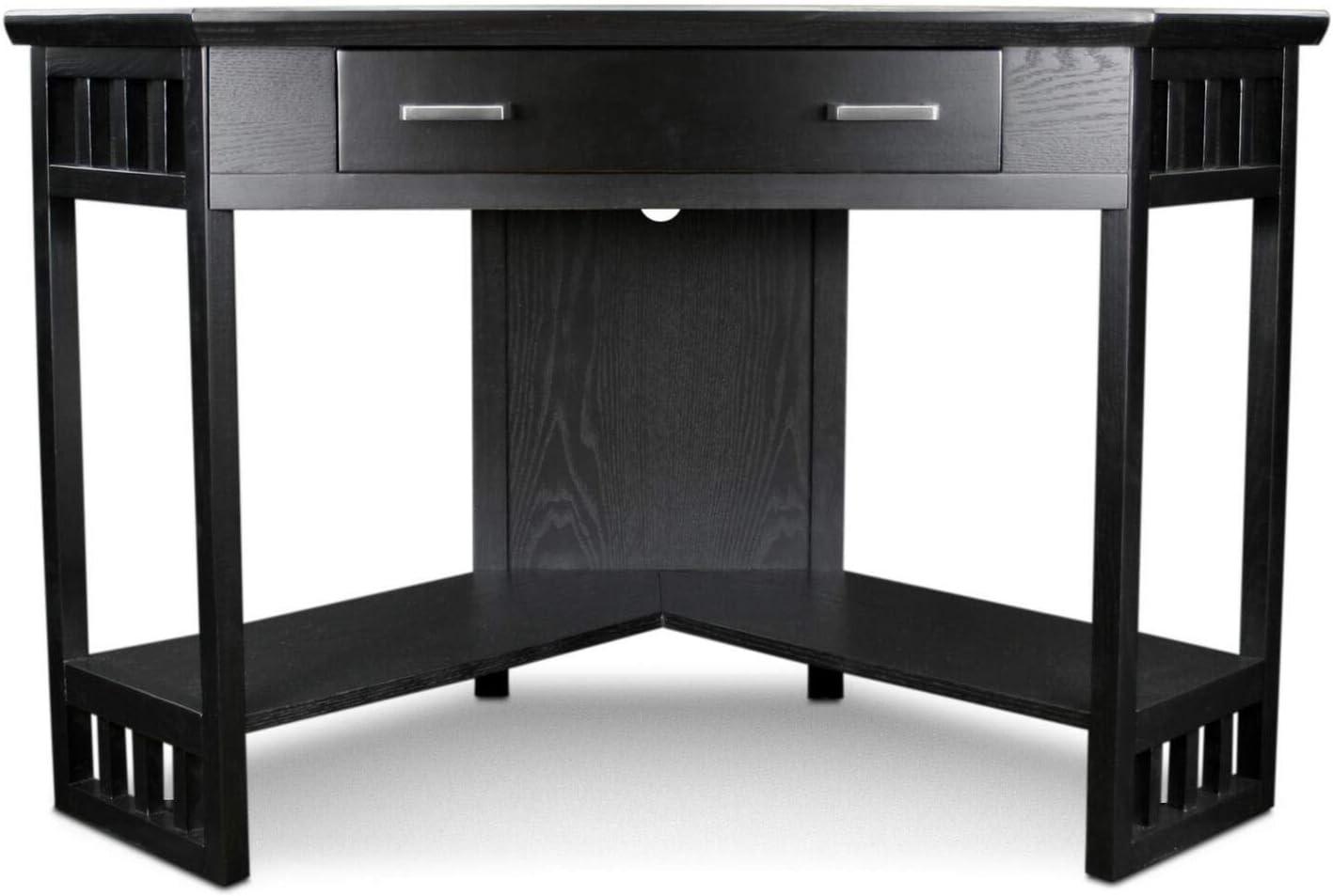 Elegant Black Oak Corner Writing Desk with Drawer and Keyboard Tray
