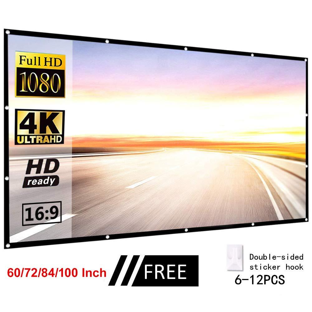 Projector Screen, White Projector Screen, 16:9 No Crease Home Theater Foldable Projection Screen 60"|72"|84"|100"|120"|150"
