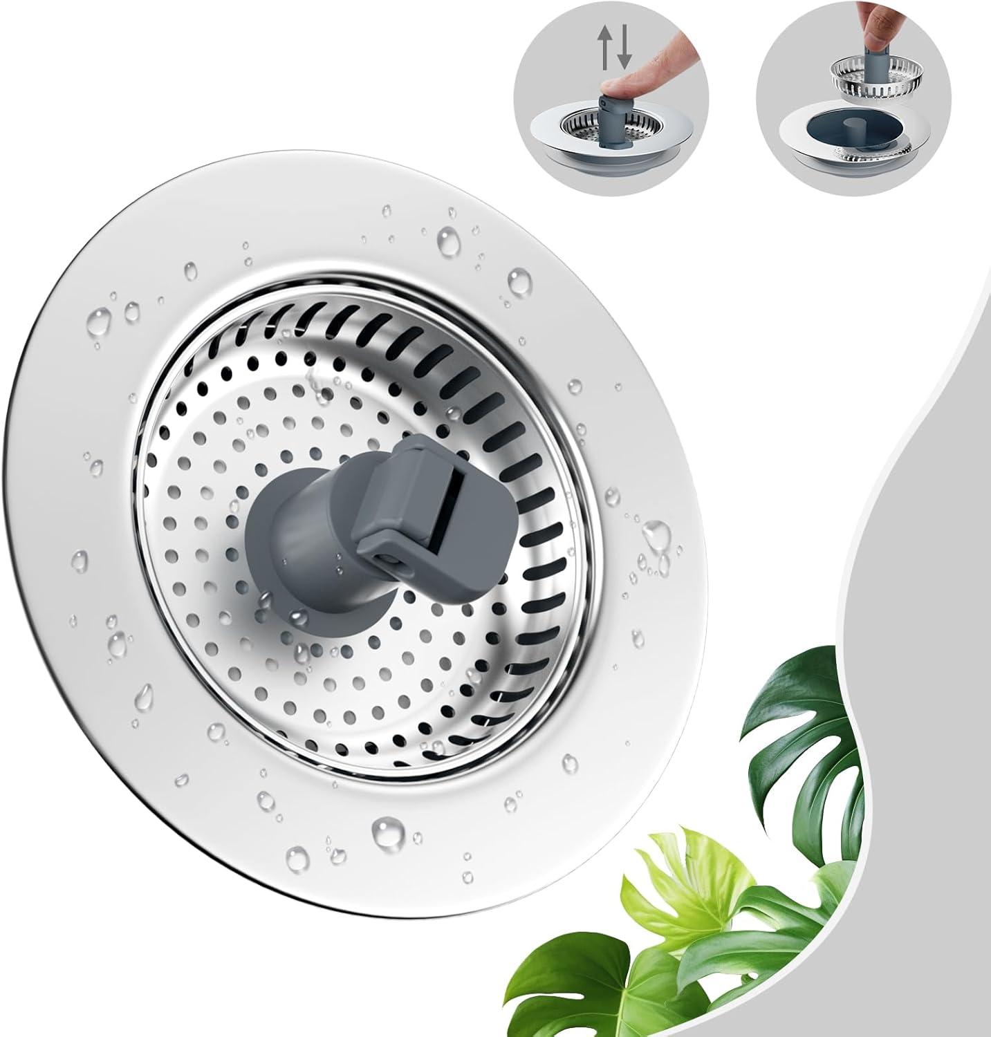 Hibbent 3-in-1 Kitchen Sink Drain Strainer  Stopper , Stainless Steel Pop-Up Design, Anti-Clogging Metal Basket with Handle, Compatible with US Standard 3-1/2" Drain