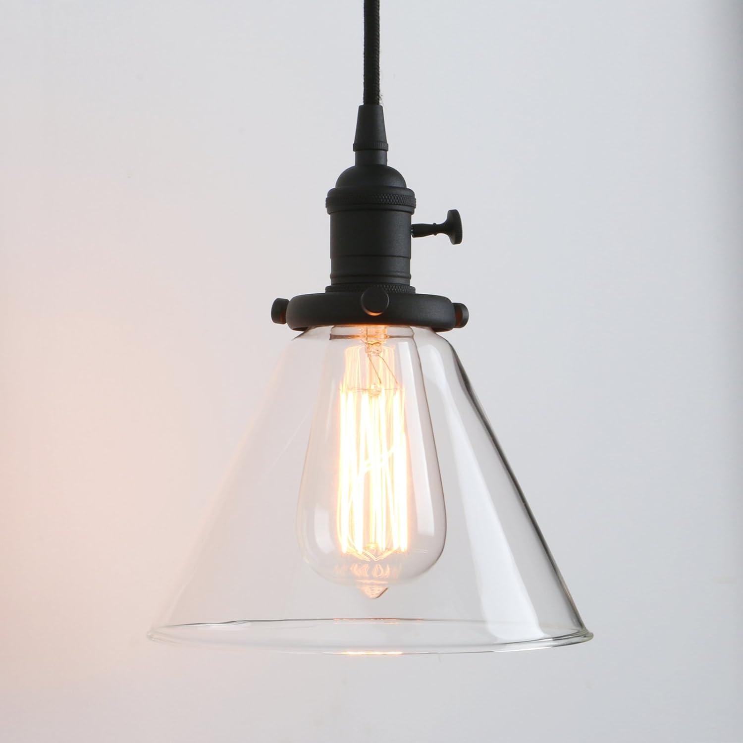 PERMO Vintage Rustic Industrial 3-Lights Kitchen Island Chandelier Triple 3 Heads Pendant Hanging Ceiling Lighting Fixture with Funnel Flared Clear Glass Shade (Black)