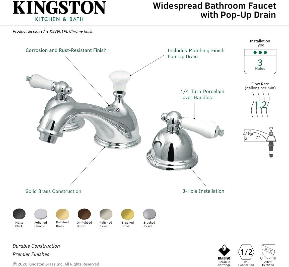 Kingston Brass Restoration Two-Handle 3-Hole Deck Mount Widespread Bathroom Faucet with Brass Pop-Up Drain