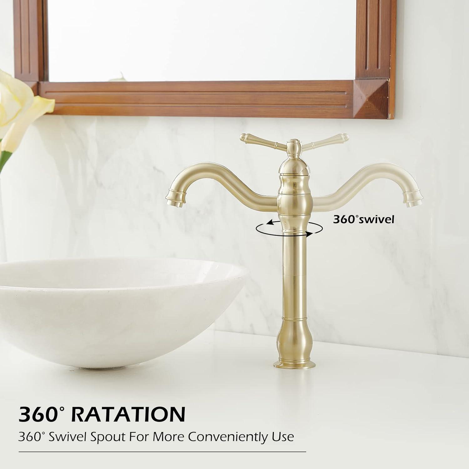 Bathroom Faucet GGStudy 360° Swivel Single-Handle One Hole Bathroom Vessel Sink Faucet Matching Pop Up Drain Brushed Gold Farmhouse Bathroom Vanity Faucet