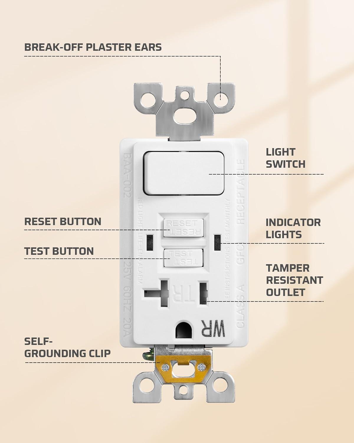 DEWENWILS 20A GFCI Switch Outlet Combo, Tamper-Resistant GFCI Electrical Outlet, 20 Amp GFCI Outlet, Weather Resistant Ground Fault Circuit Interrupter, Self-Test with LED Indicator, ETL Listed, White