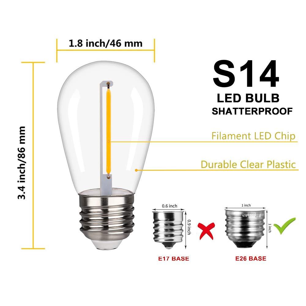 Svater Replacement Bulbs for Outdoor String Lights, 15 Pack S14 LED Bulbs for Patio, E26 Base 1W Bulb Equal to 11W Incandescent, Dimmable,Shatterproof 2700K Warm White