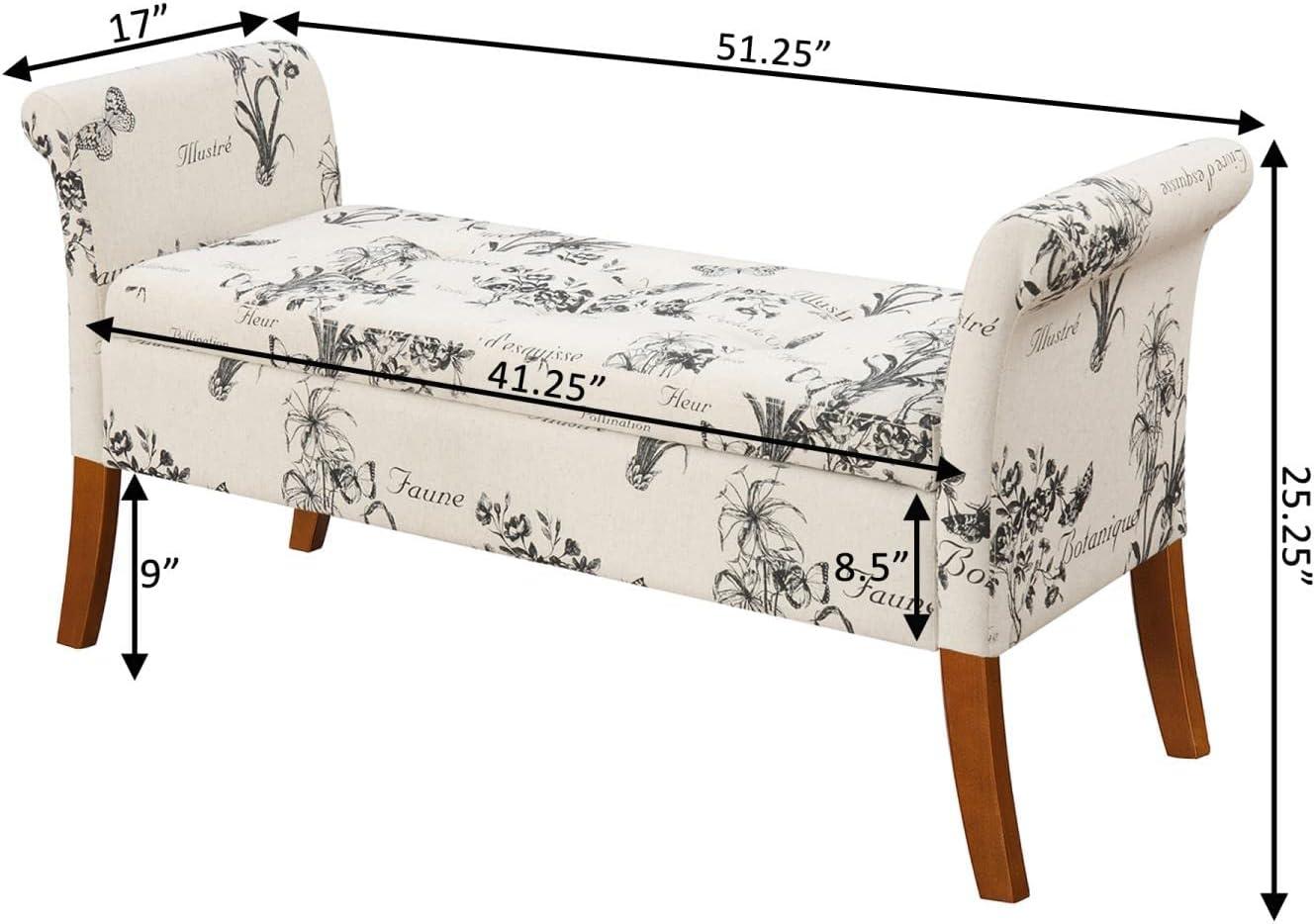 Beige Botanical Fabric Tufted Storage Bench with Rolled Armrests