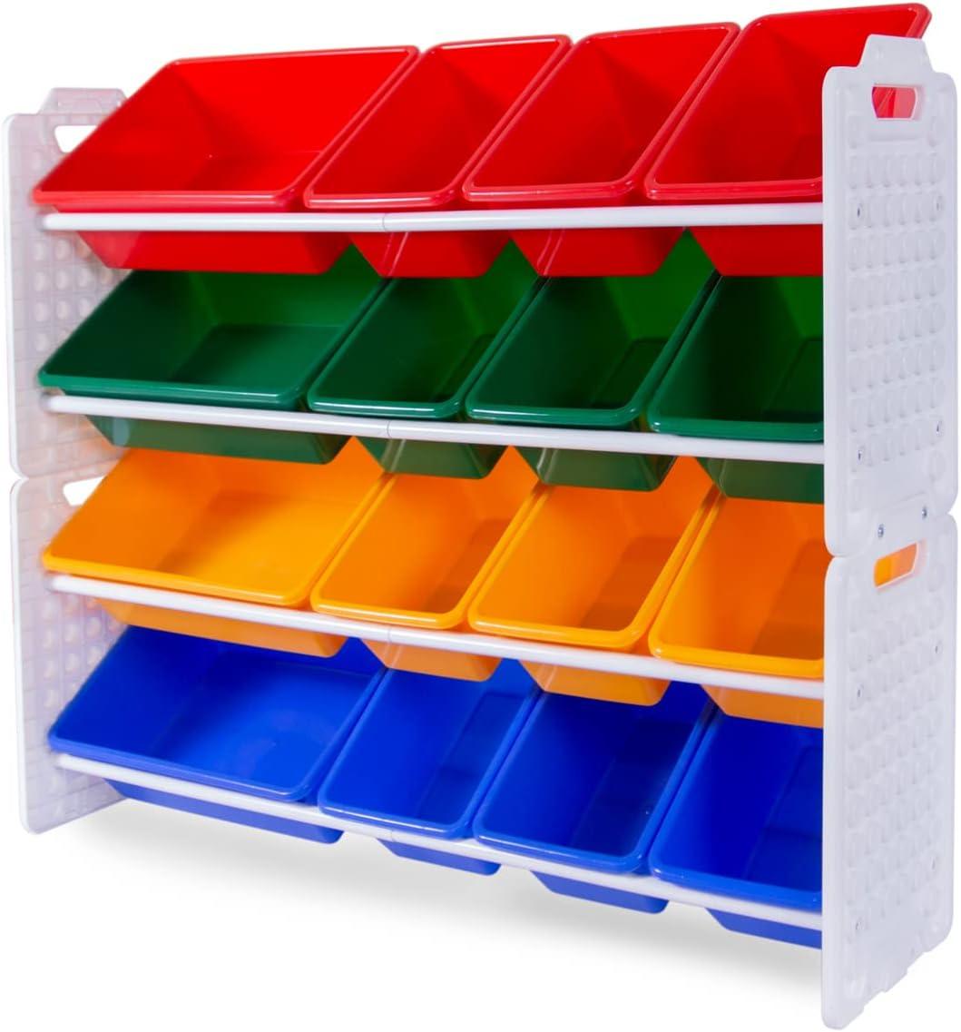 UNiPLAY Toy Organizer With 16 Removable Storage Bins, Multi-Bin Organizer for Books, Building Blocks, School Materials, Toys with Baseplate Board Frame (Primary)