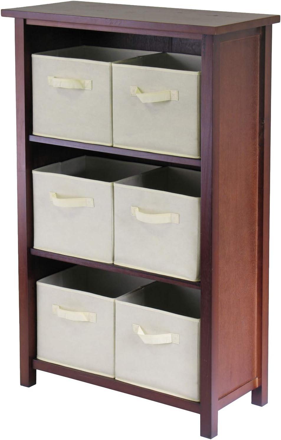 42.99" 7pc Verona Set Storage Shelf with Folding Fabric Baskets Walnut - Winsome: Mid-Century Modern, Wood Composite