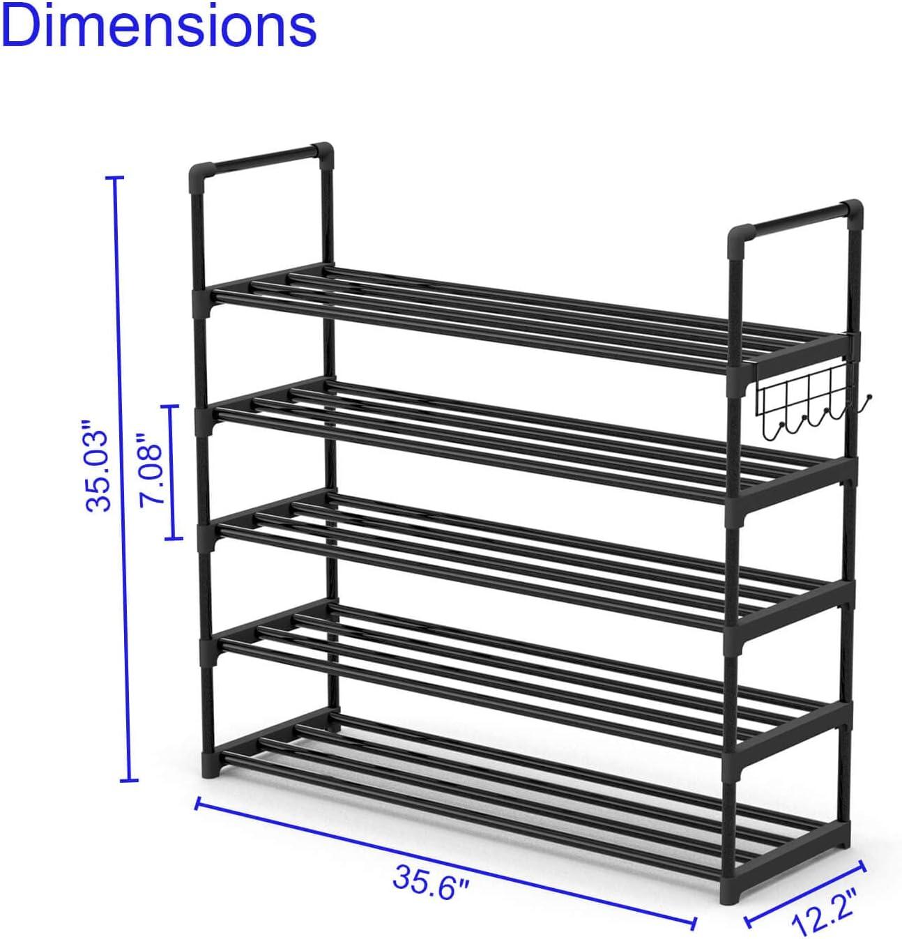 Black 5-Tier Adjustable Metal Shoe Rack with Hooks