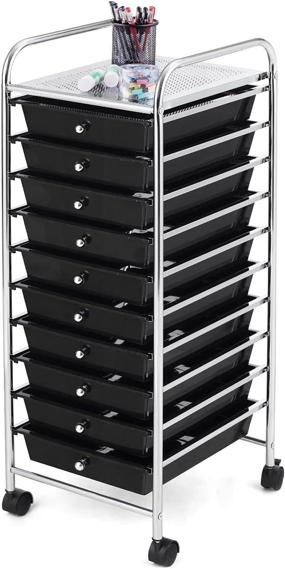 Black and Silver 10-Drawer Rolling Storage Organizer Cart