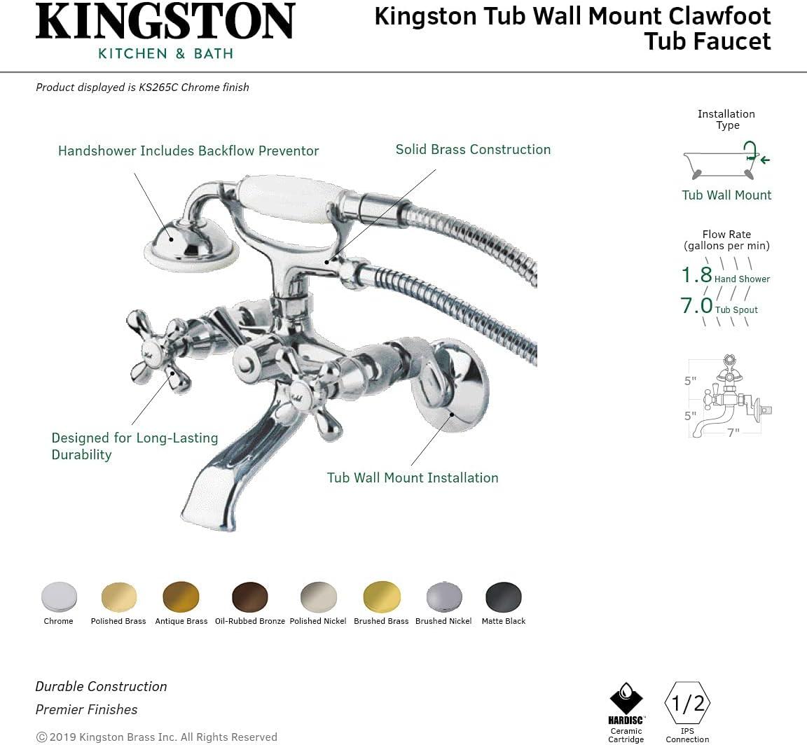 Kingston Brass Kingston Three-Handle 2-Hole Tub Wall Mount Clawfoot Tub Faucet with Hand Shower