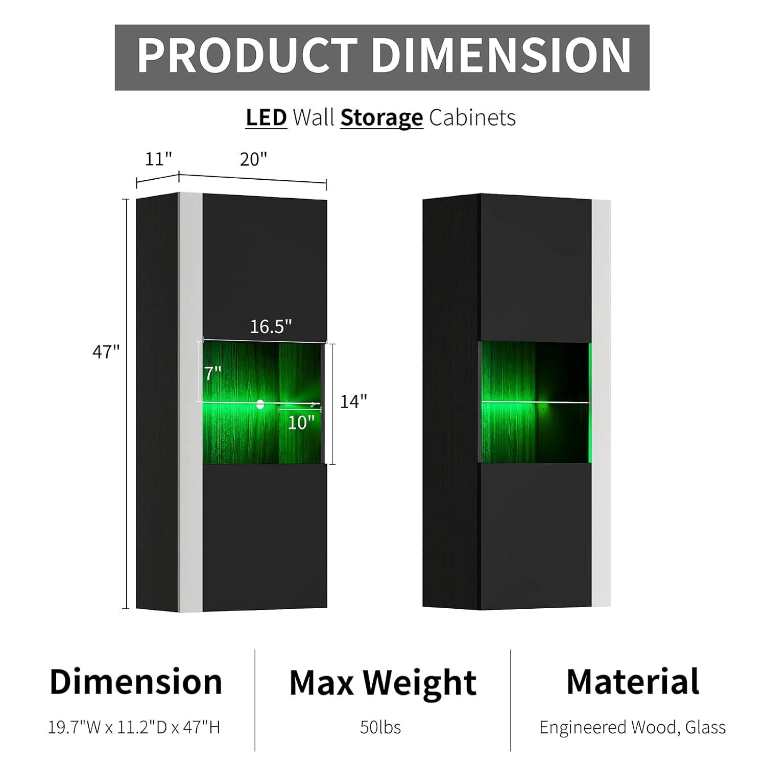 VanAcc Modern Wall Storage Cabinets with LED Lights, Hanging Cabinets with Closed Doors & Open Shelves, Black