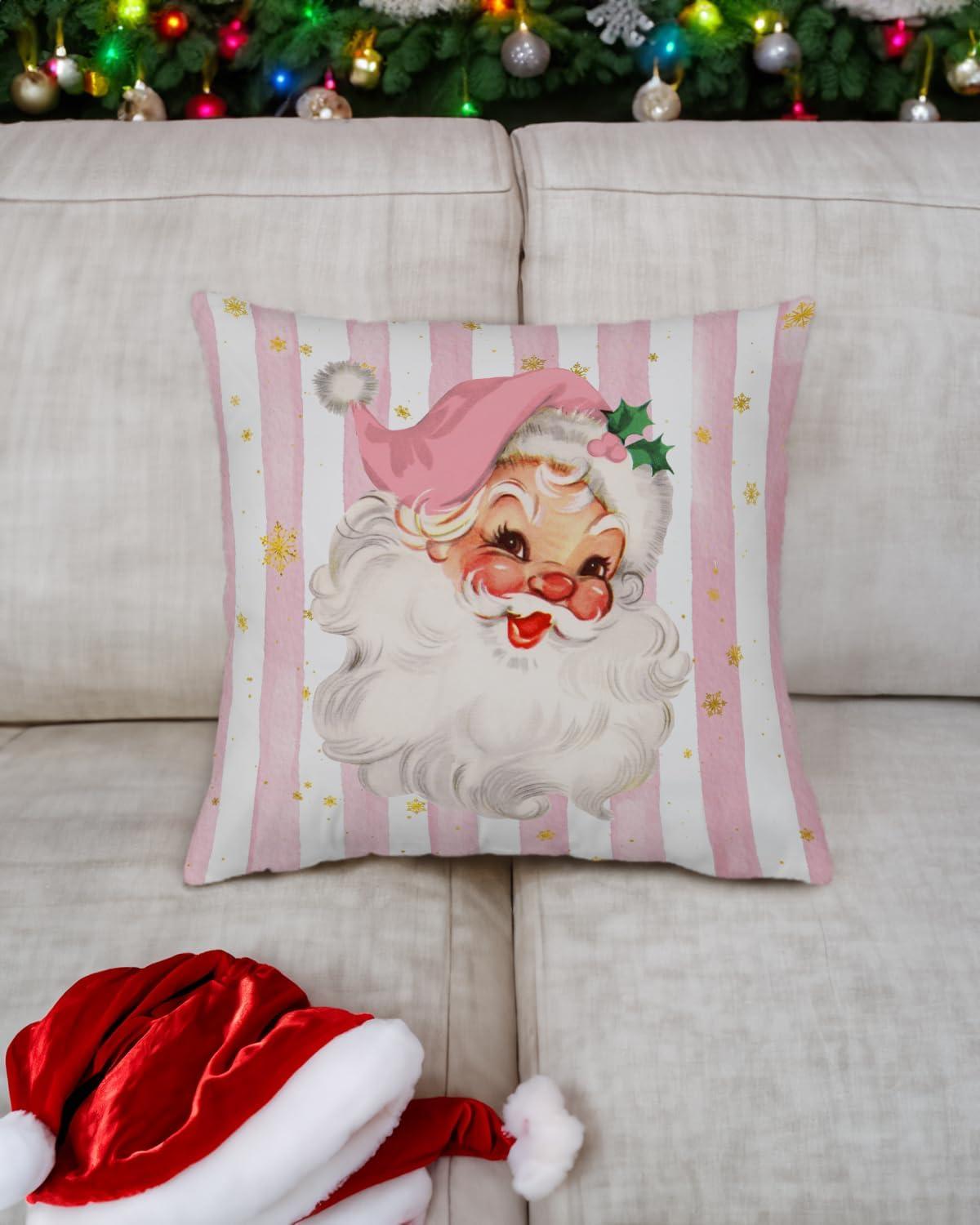 Vintage Santa Claus Christmas Pillow Cover 18x18 Inch, Pink Striped Retro Holiday Cushion for Winter Home Decor, Festive Throw Pillow for Living Room, Bedroom, Sofa Decoration(Pink)