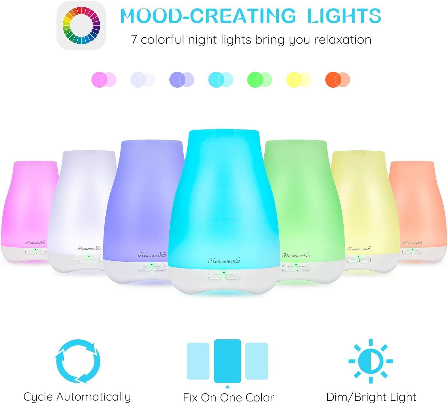 Diffusers,Homeweeks 100ml Colorful Essential Oil Diffuser with Adjustable Mist Mode,Auto Off Aroma Diffuser for Bedroom/Office/Trip