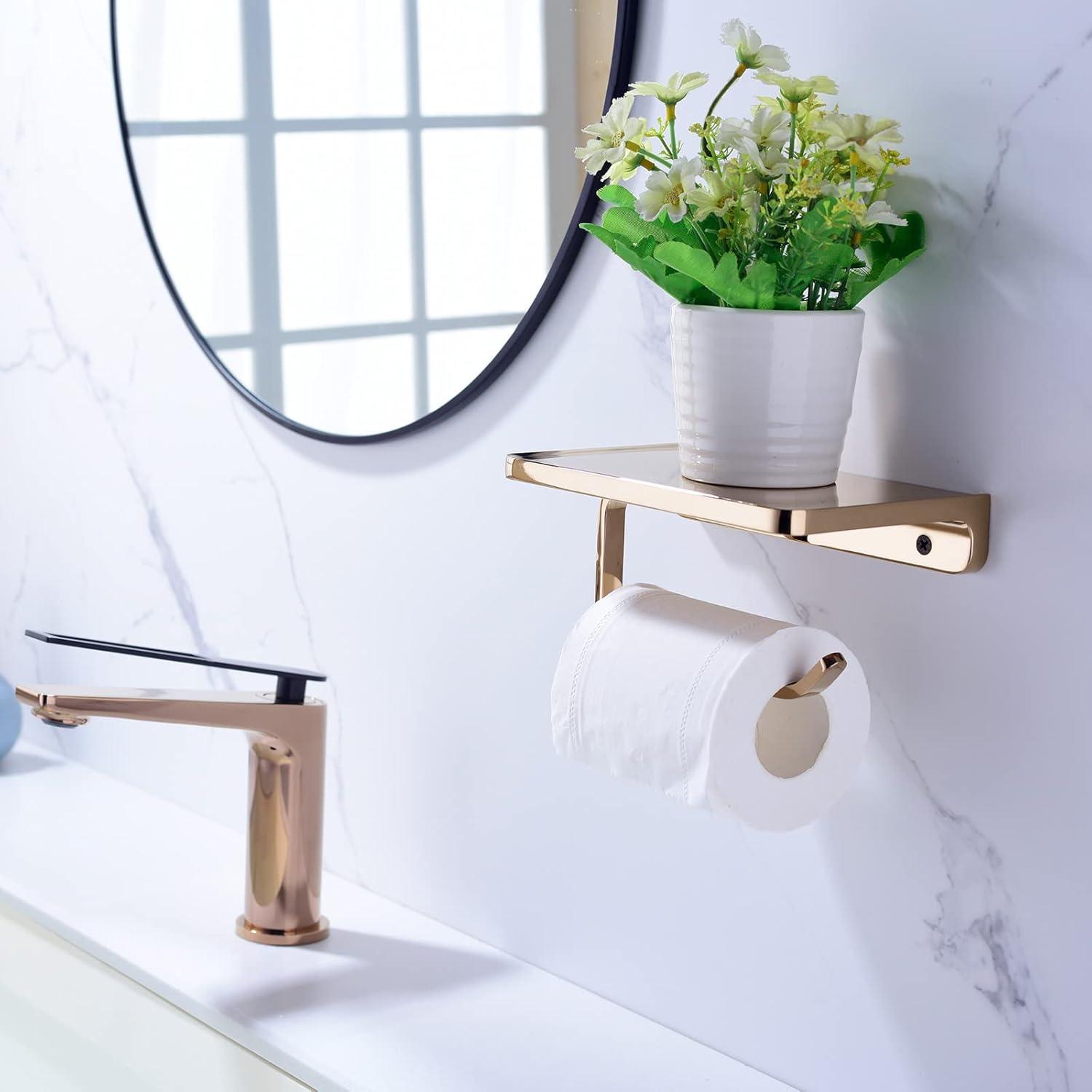 Rose Gold Wall Mounted Toilet Paper Holder with Shelf