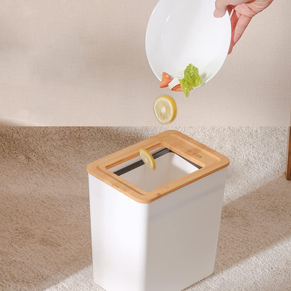 Slim White Plastic Trash Can with Bamboo Lid for Indoor Use