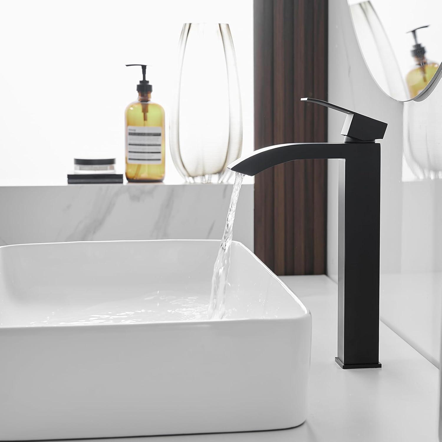 Waterfall Bathroom Faucet Single Handle，Bathroom Sink Faucet 1 Hole，Waterfall Faucet for Bathroom Sink，Vessel Sink Faucet Matte Black Tall Bathroom Faucet