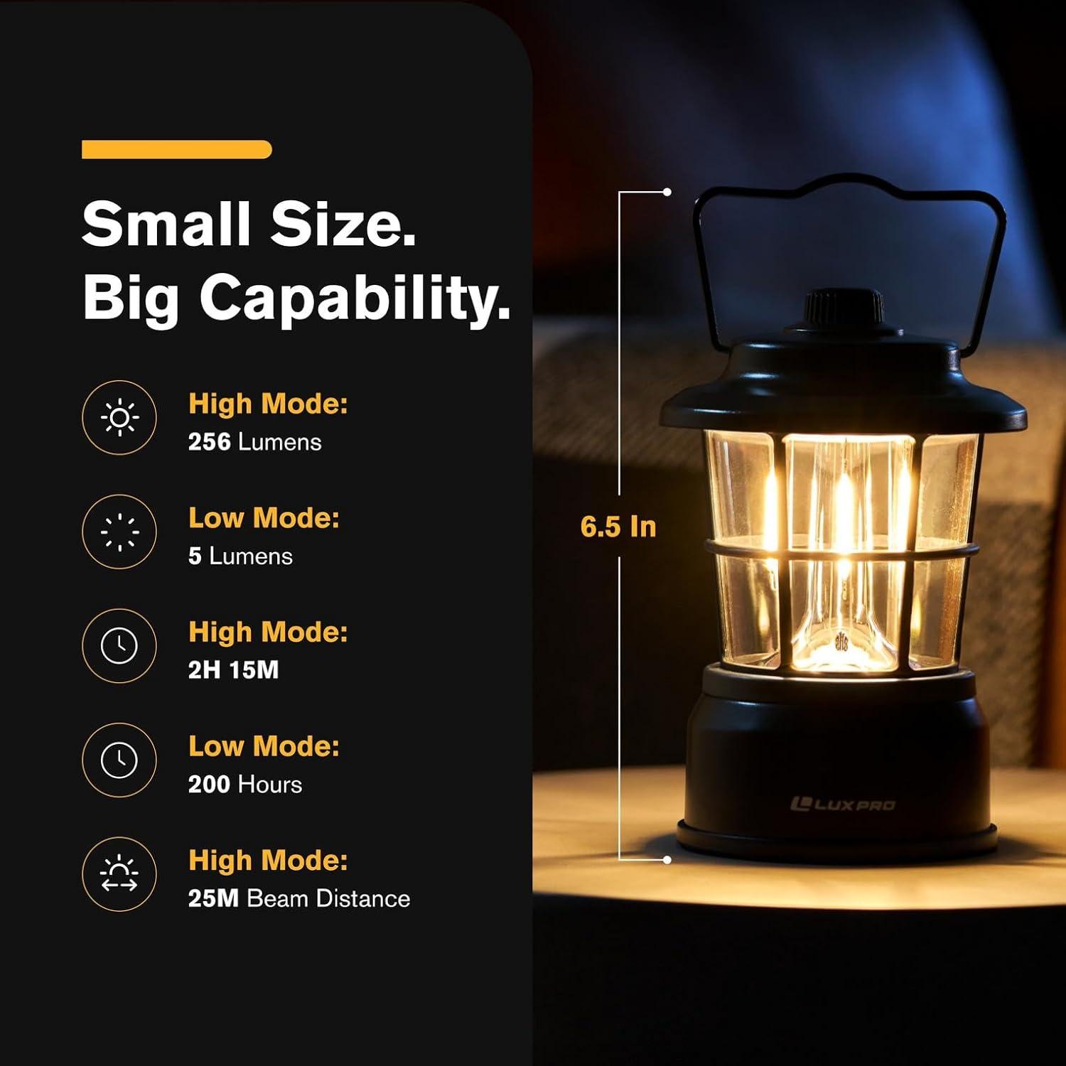 LUXPRO LP1535 265 Lumen Retro LED Lantern - Battery-Powered Emergency Lantern - LED Lamp for Power Outages, Emergency Kit, or Survival Pack - Black