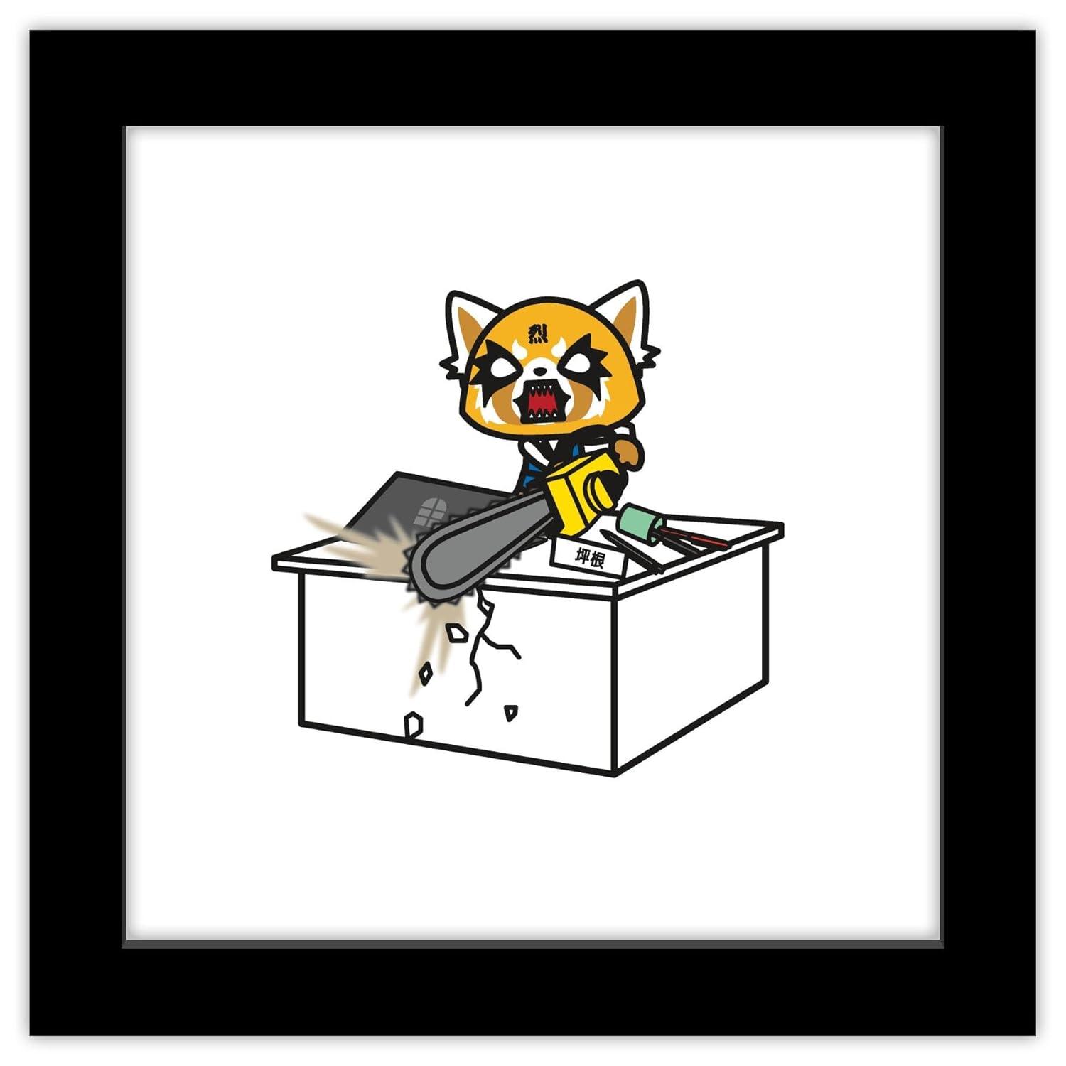 Gallery Pops Sanrio Aggretsuko - Retsuko Desk Chainsaw Wall Art, Black Framed Version, 12" x 12"