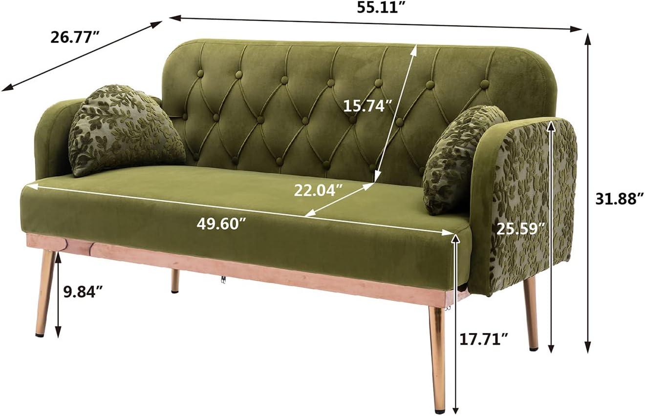 55-inch Small Velvet Couch with Elegant Moon Shape Pillows, Twin Size Loveseat Accent Sofa with Golden Metal Legs, Living Room Sofa with Tufted Backrest, 600 Pounds Weight Capacity-Green