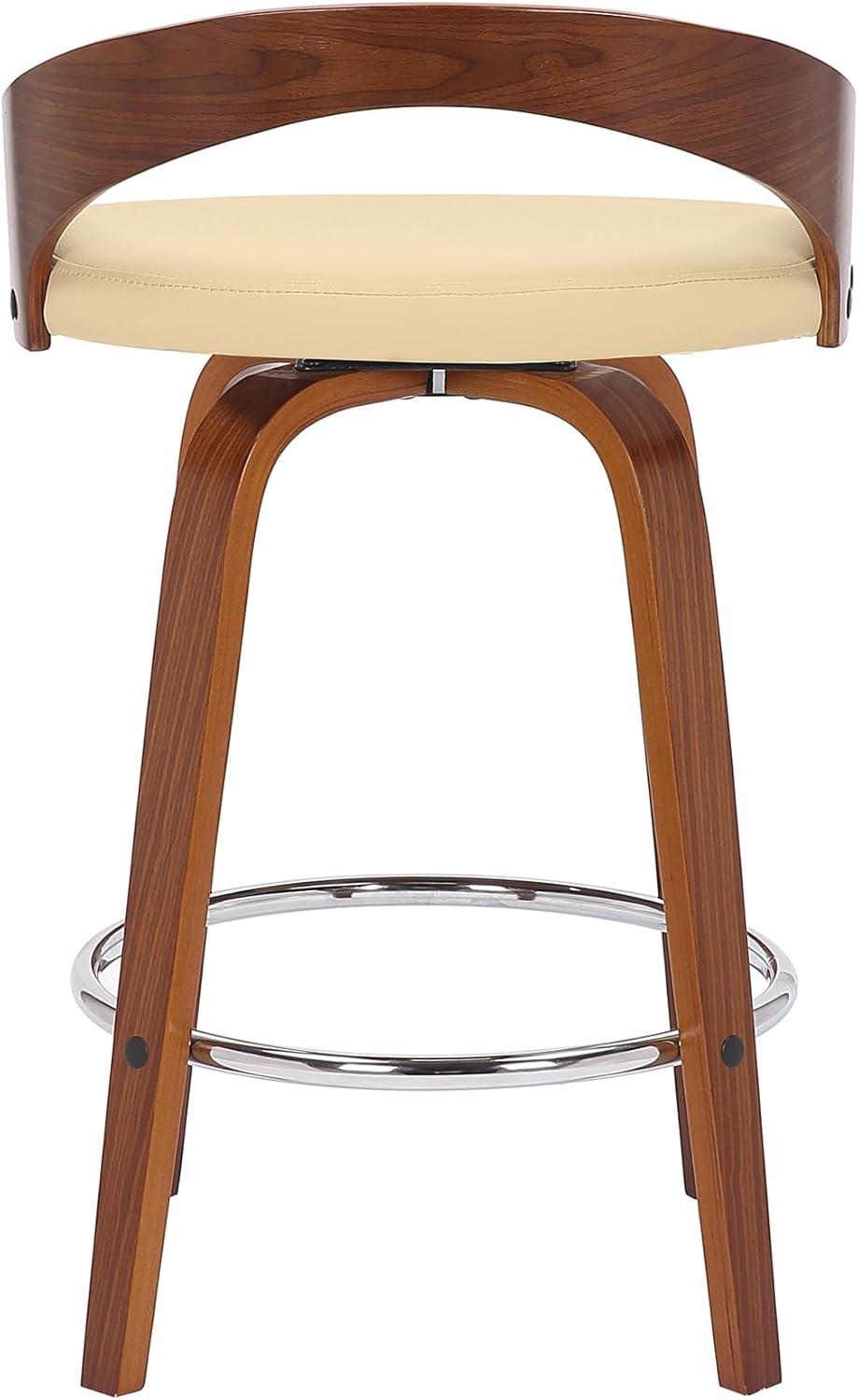Sonia 26 in.  Counter Height Swivel Cream Faux Leather and Walnut Wood Bar Stool
