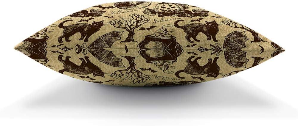 Moslion Halloween Pattern Throw Pillow Covers Retro Vintage Style Animal Cat Pumpkin Owl Bat Witch Hat Tree Pillow Case for Home Decor Halloween Thanksgiving Cushion Cover Cotton Linen 18x18 inch