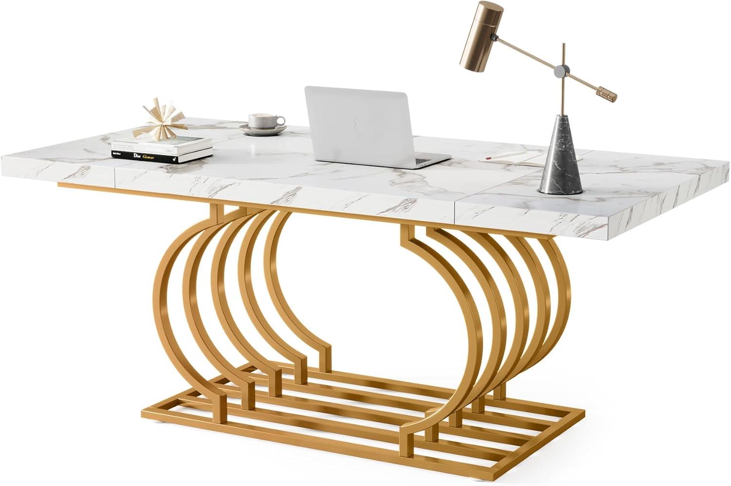 Tribesigns 63 inch Modern Office Desk, Large Executive Desk Computer Desk with Gold Metal Frame, White & Gold