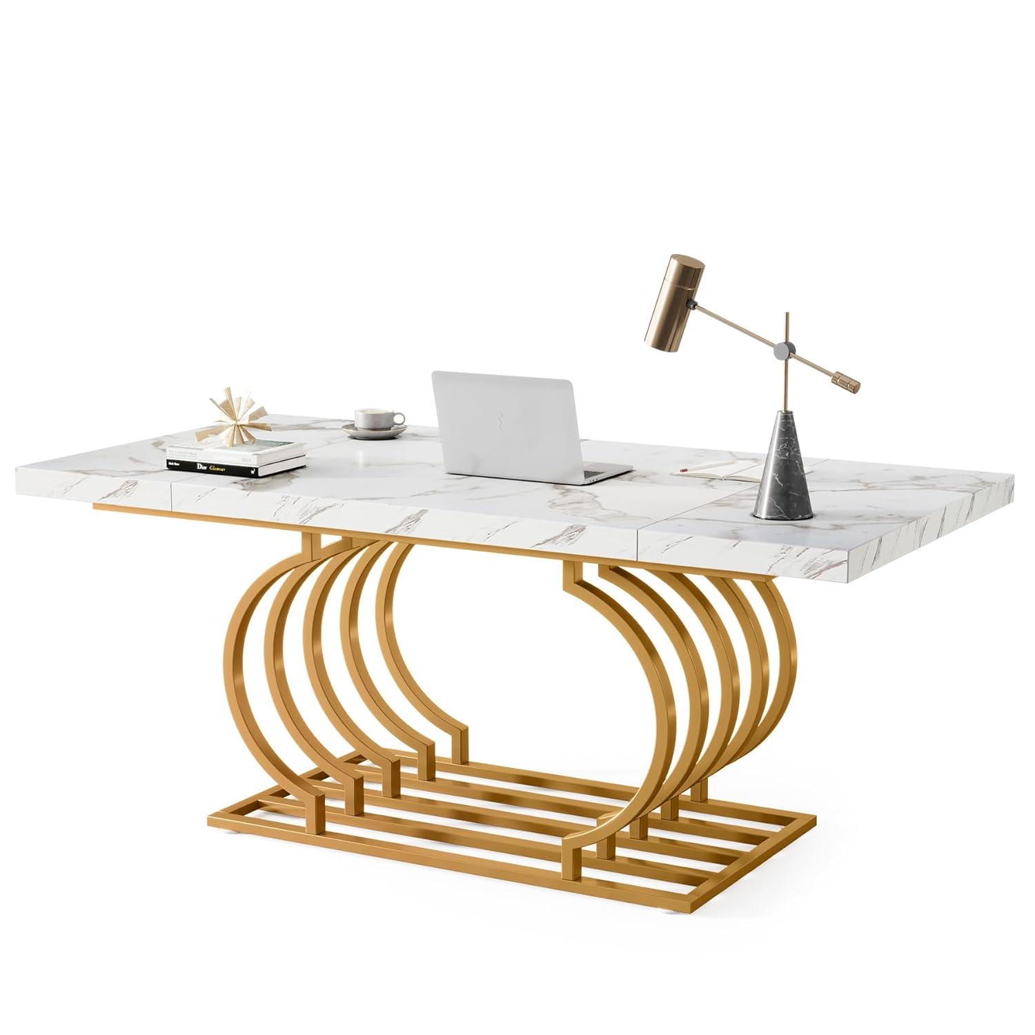 Tribesigns 63 inch Modern Office Desk, Large Executive Desk Computer Desk with Gold Metal Frame, White & Gold