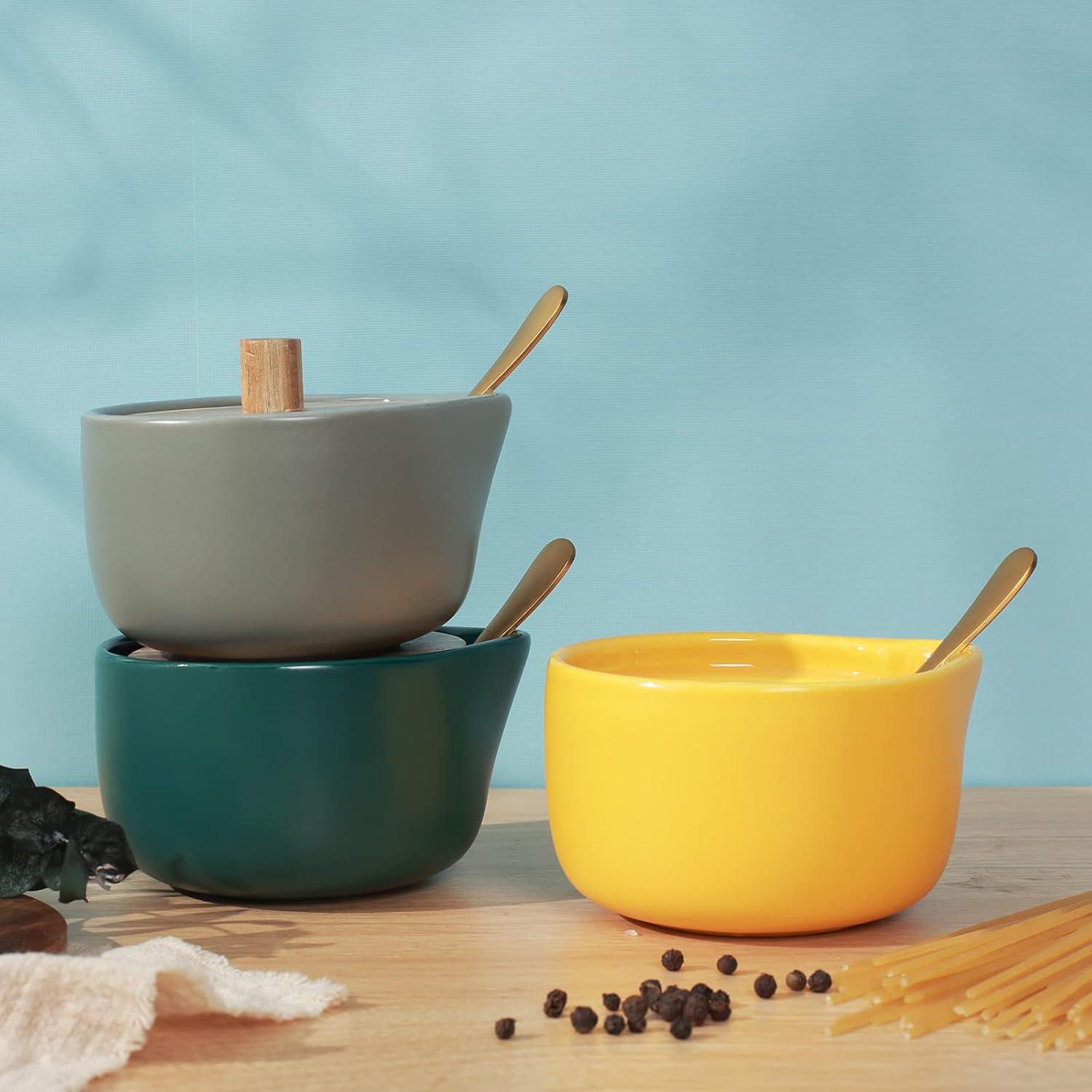 everous Salt Box(yellow) Salt Cellar Elegant Design Decorative Boxes Big Capacity Wood yellow Ceramic Base