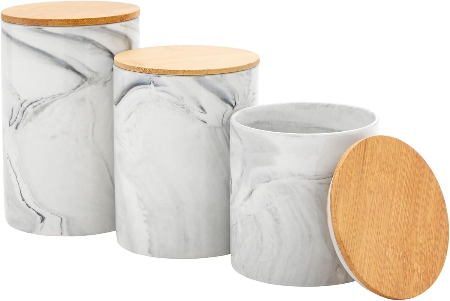 Set of 3 White Marble Ceramic Canisters with Bamboo Lids