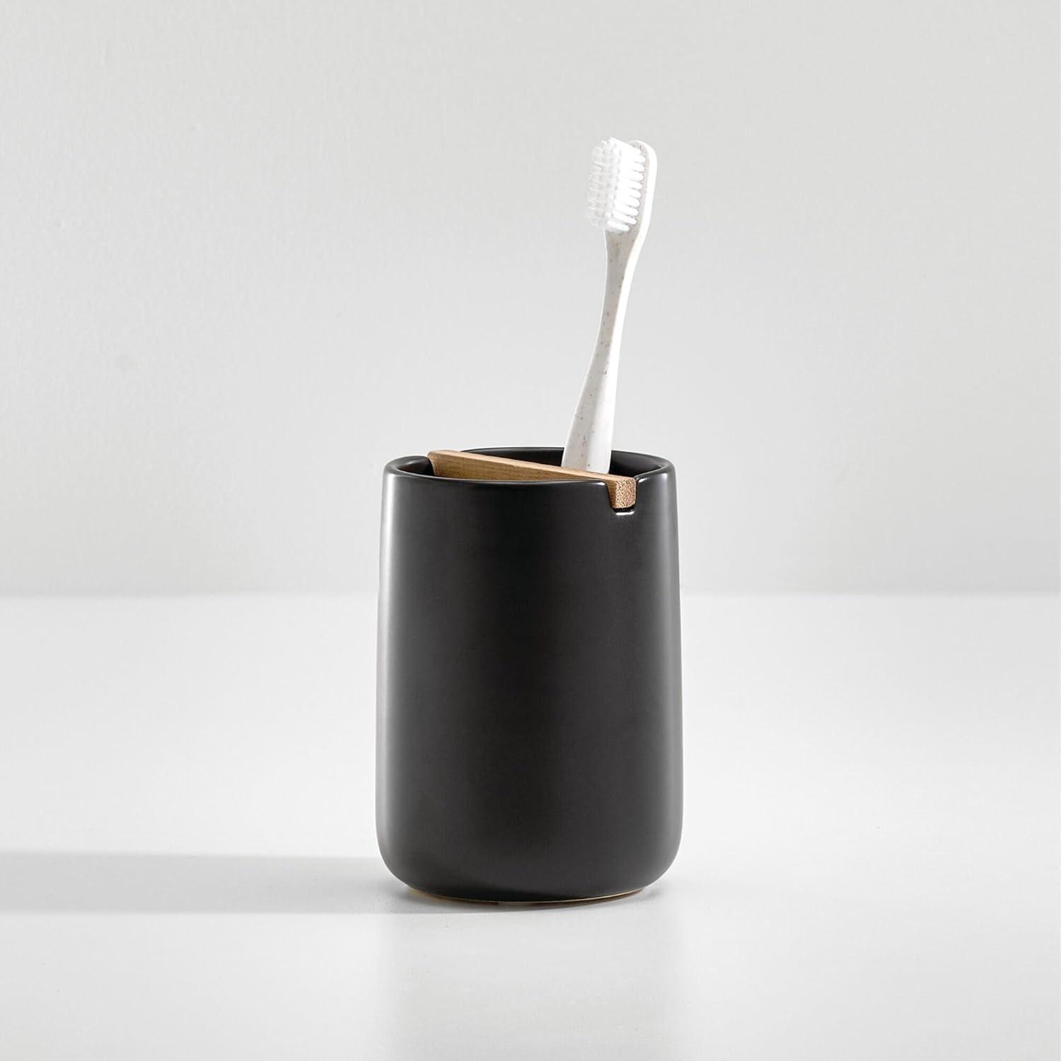 iDesign Eco Vanity Ceramic Toothbrush Holder with Paulownia Wood Divider