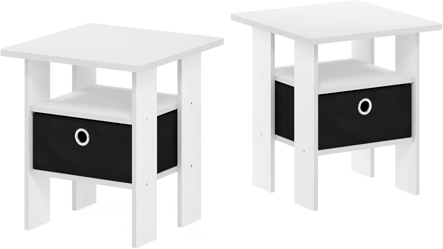 Furinno Andrey End Table Nightstand with Bin Drawer, White/Black, Set of 2