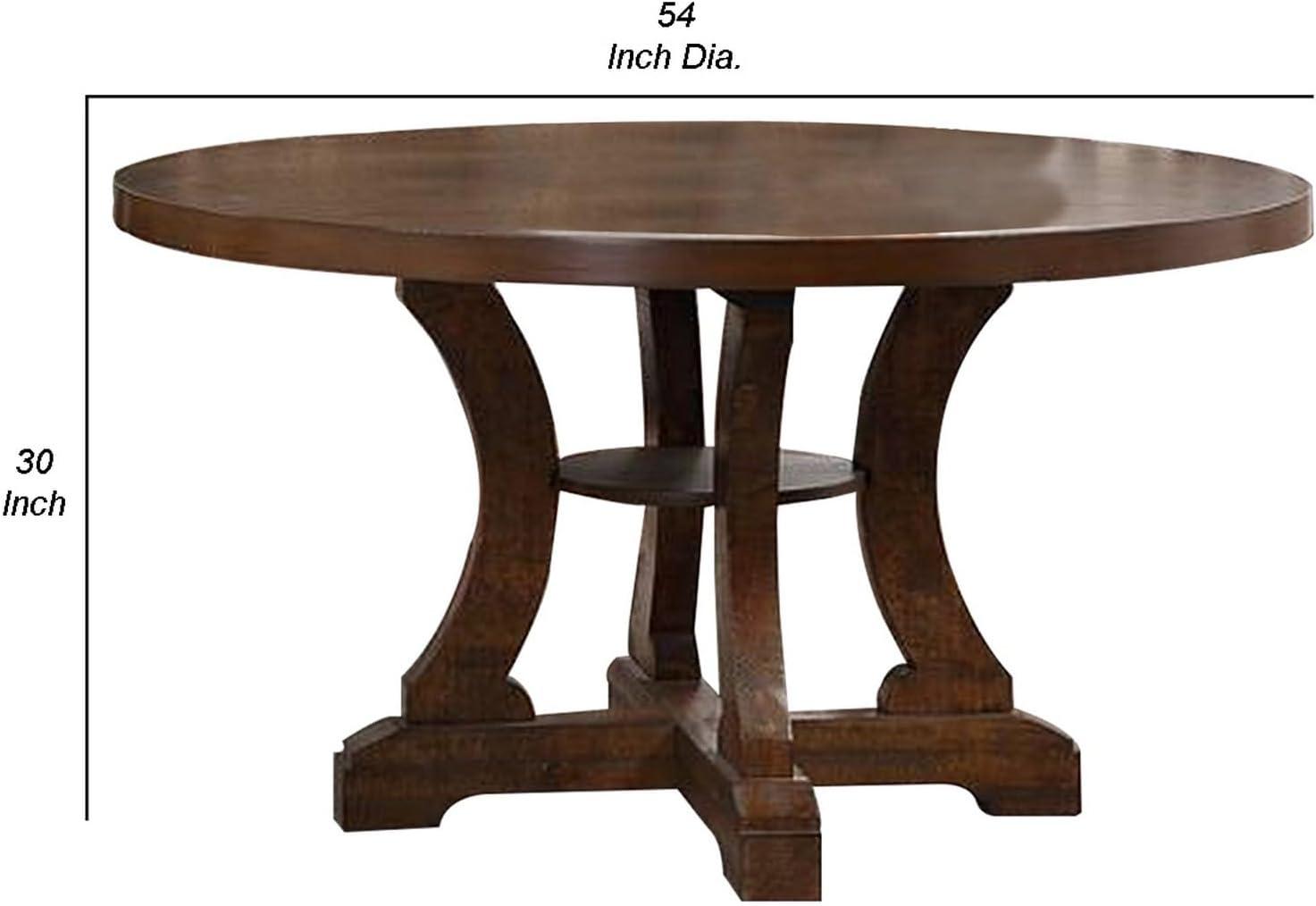 Benjara Neci 54 Inch Round Dining Table, Classic Pedestal, Painted Distressed Brown
