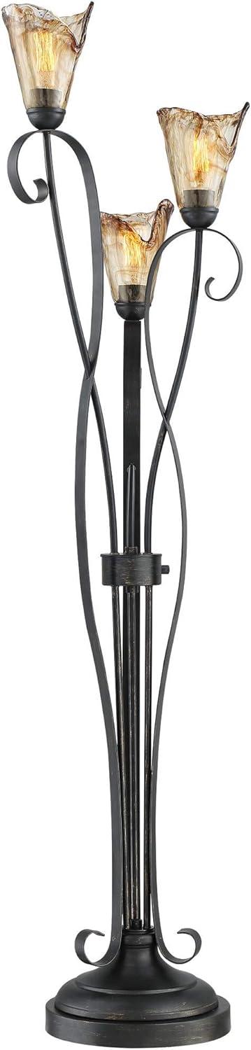 Powder Coated Black 64" Transitional Multi-Head Torchiere with Amber Glass Shades