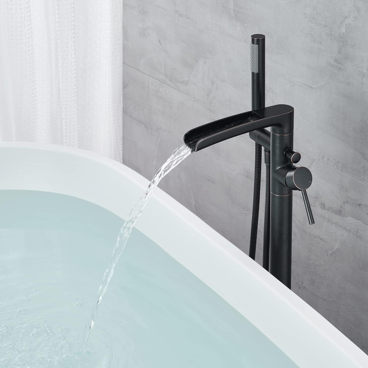 Free Standing Tub Faucet Brass Oil Rubbed Bronze Waterfall Freestanding Bathtub Faucet Floor Mount Tub Filler with Handheld Sprayer
