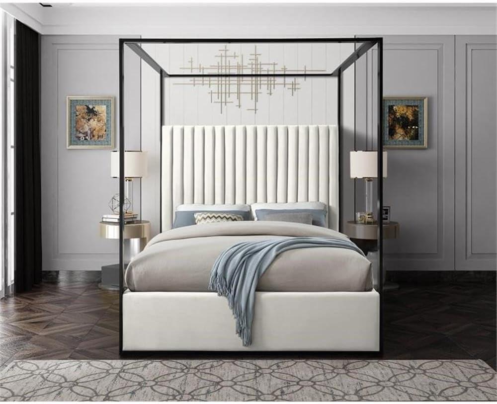 Meridian Furniture Jax Solid Wood and Velvet Queen Bed in Gray