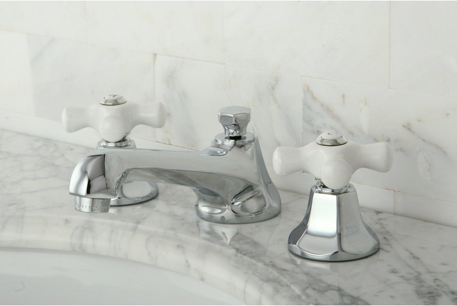 Kingston Brass Metropolitan Two-Handle 3-Hole Deck Mount Widespread Bathroom Faucet with Brass Pop-Up Drain